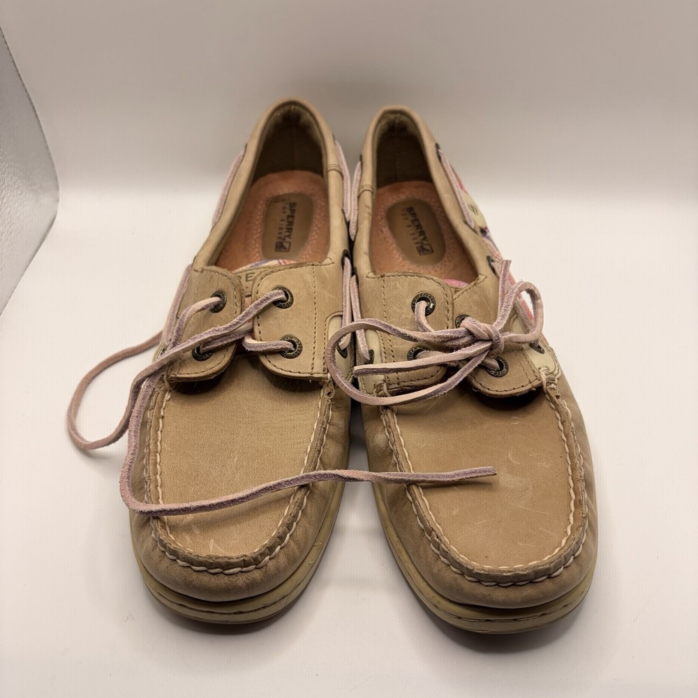 Sperry Top-Sider Women's 9M Tan Leather Pink Plaid Boat Shoes Loafers